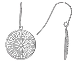 Rhodium Over Sterling Silver Flower and Greek Key Border Earrings