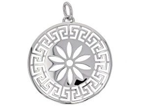 Rhodium Over Sterling Silver Flower with Greek Key Border Pendant