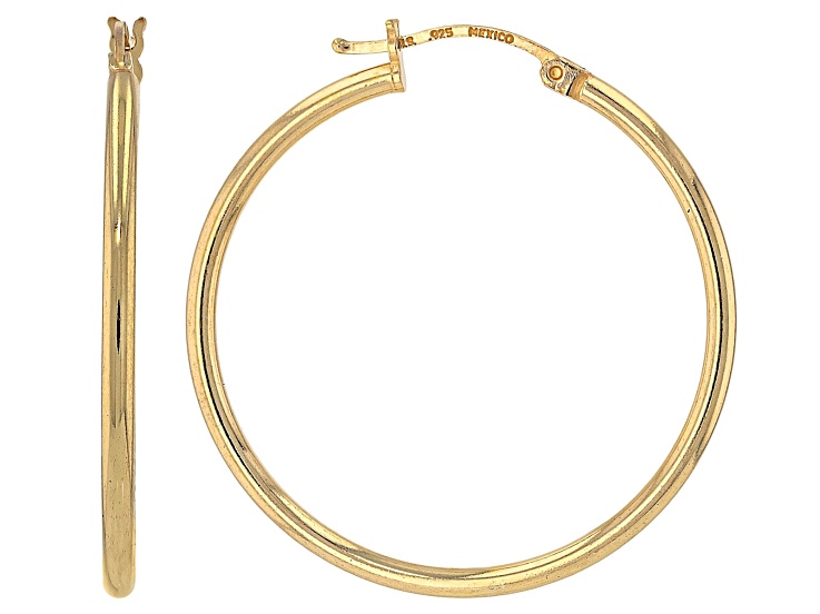 18k Yellow Gold Sterling Silver 1.25" Polished Hoop Earrings