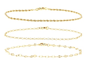 18k Yellow Gold Over Sterling Silver 2.8mm Mirror, 2mm Rope, 2mm Paperclip Chain Set of 3 Bracelets