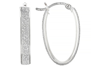 Rhodium Over Sterling Silver 1" Oval Textured Hoop Earrings