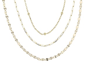 18k Yellow Gold Over Sterling Silver 18" Bead, 20" Paperclip, and 22" Mirror Necklace Set of 3