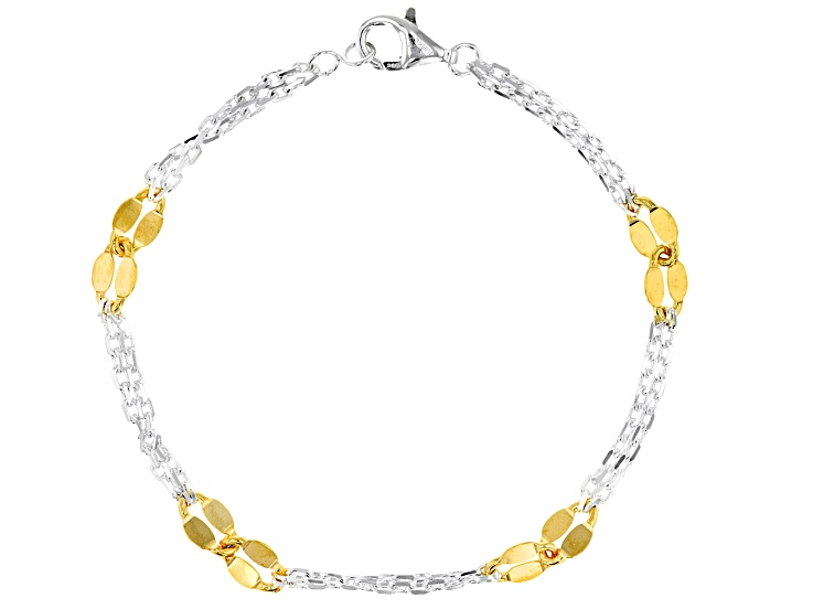 Sterling Silver and 18k Gold Over Sterling Silver 5.7mm Cable and Mirror 7.25" Bracelet