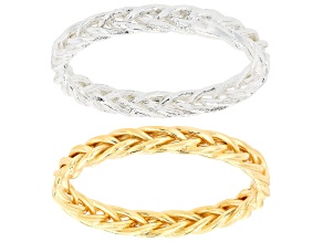 Solid Sterling Silver and 18k Yellow Gold Over Sterling Silver Wheat Link Band Ring Set of 2
