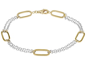 Sterling Silver and 18k Gold Over Sterling Silver Two-Tone 7mm Paperclip and Cable Station Bracelet