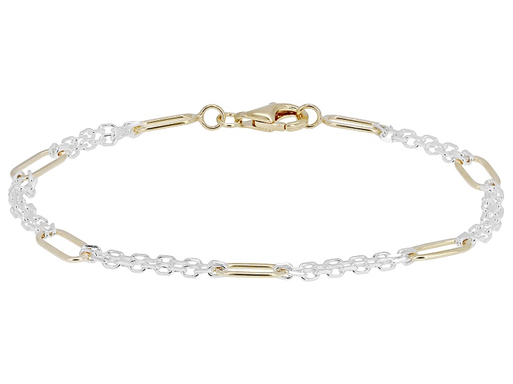 18k Yellow Gold Over Sterling Silver Two-Tone 5mm Cable and Paperclip Bracelet