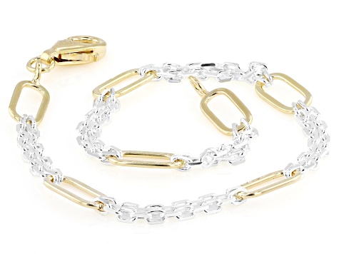 18k Yellow Gold Over Sterling Silver Two-Tone 5mm Cable and Paperclip Bracelet