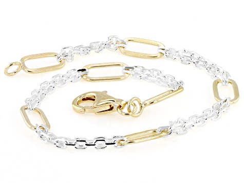 18k Yellow Gold Over Sterling Silver Two-Tone 5mm Cable and Paperclip Bracelet