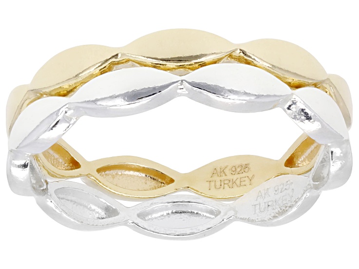 18k Yellow Gold Over Sterling Silver and Sterling Silver 2.7mm Marquise Band Ring Set of 2
