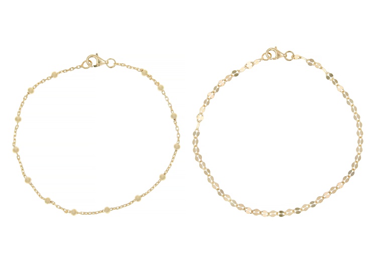 18k Yellow Gold Over Sterling Silver 2.5mnm Cable and 3mm Mirror Link Bracelet Set of 2