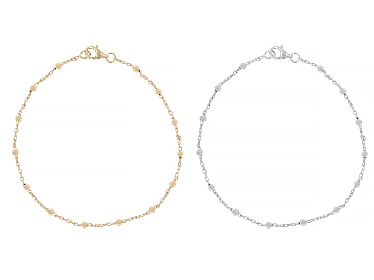 18k Yellow Gold Over Sterling Silver and Sterling Silver 2.5mm Bead Bracelet Set of 2