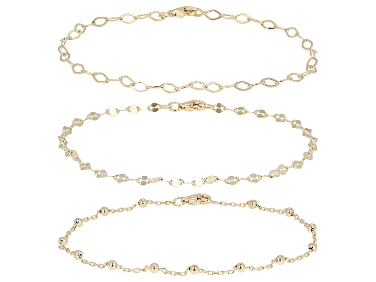 18k Yellow Gold Over Sterling Silver 2.5mm Bead, 3mm Marquise and 3mm Mirror Link Bracelet Set of 3
