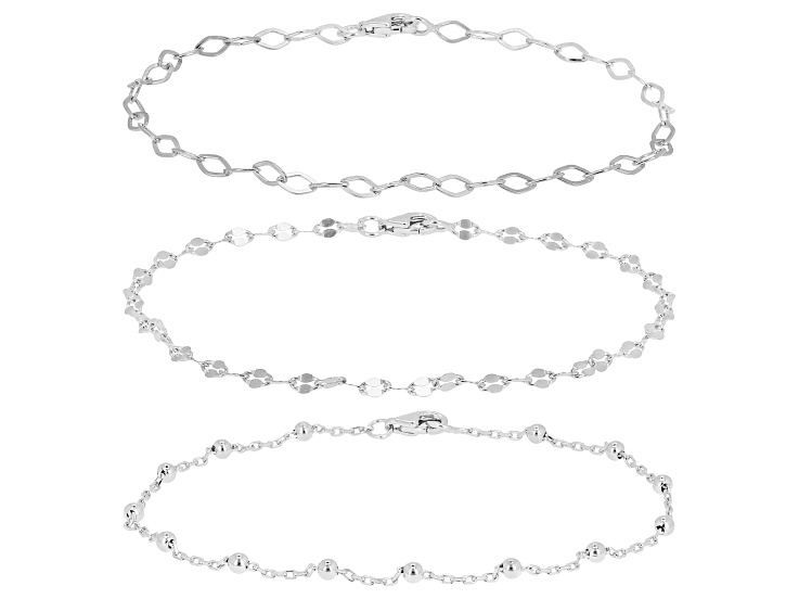 Sterling Silver 2.5mm Bead, 3mm Marquise and 3mm Mirror Link Bracelet Set of 3