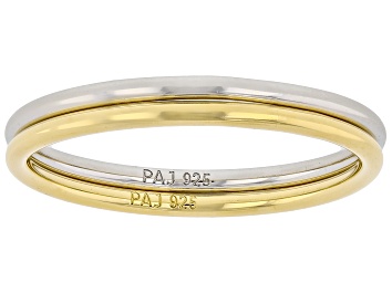 Picture of 18k Yellow Gold Over Sterling Silver and Rhodium Over Sterling Silver 1.3mm Band Ring Set of 2