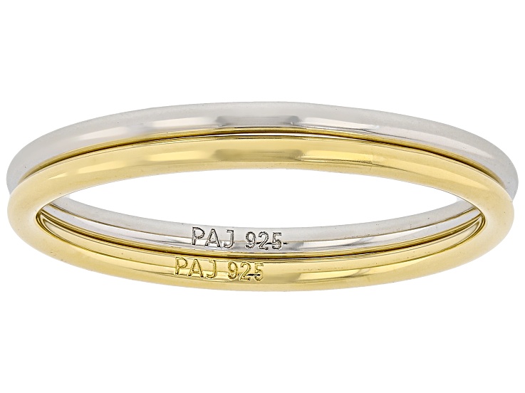 18k Yellow Gold Over Sterling Silver and Rhodium Over Sterling Silver 1.3mm Band Ring Set of 2