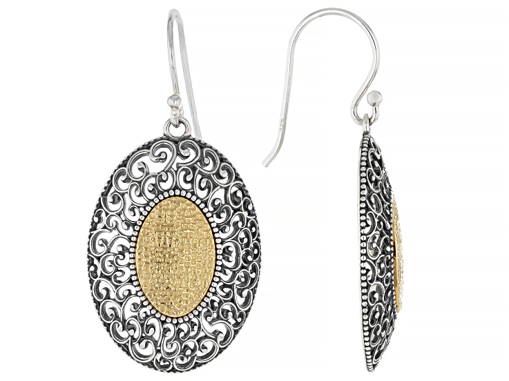 14k Yellow Gold Over Sterling Silver Two Tone Hammered Dangle Earrings
