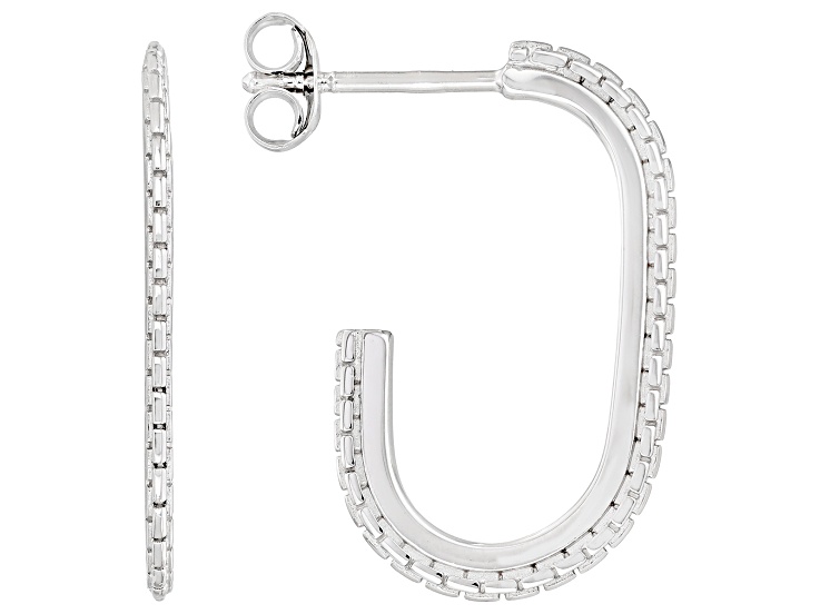 Rhodium Over Sterling Silver 1.2mm Chain Link Textured J-Hoop Earrings