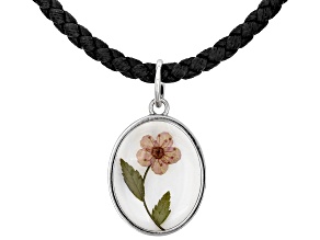 Oval Resin Dried Flower Rhodium Over Sterling Silver Pendant on 3.2mm Leather 18 Inch Cord Necklace