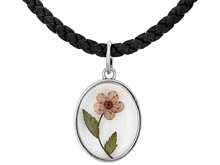 Oval Resin Dried Flower Rhodium Over Sterling Silver Pendant on 3.2mm Leather 18 Inch Cord Necklace