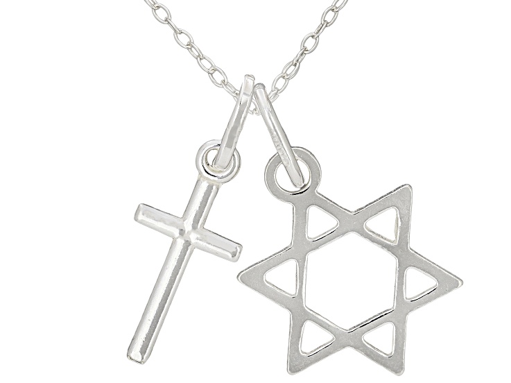 Sterling Silver Polished Cross & Star Of David Charms Pendants With 18 Inch Cable Chain