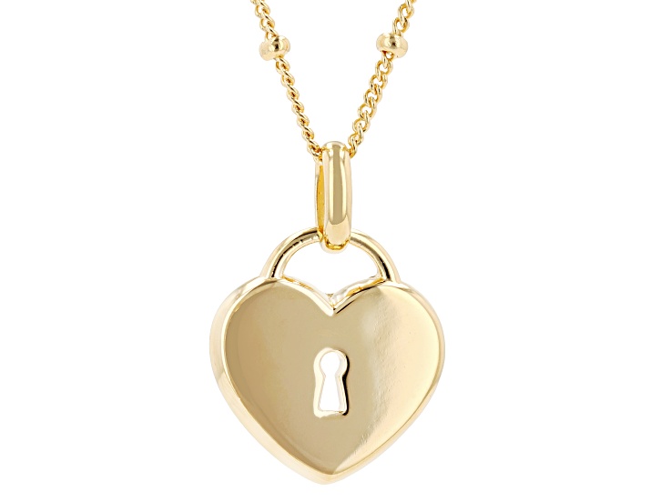 18K Yellow Gold Over Sterling Silver Heart Padlock Pendant 18 Inch Station Necklace