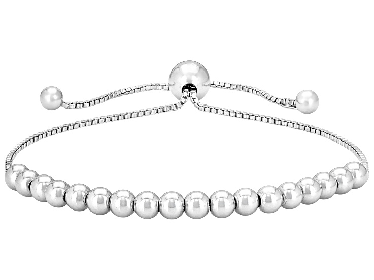 Rhodium Over Sterling Silver Bead Adjustable Bolo Bracelet