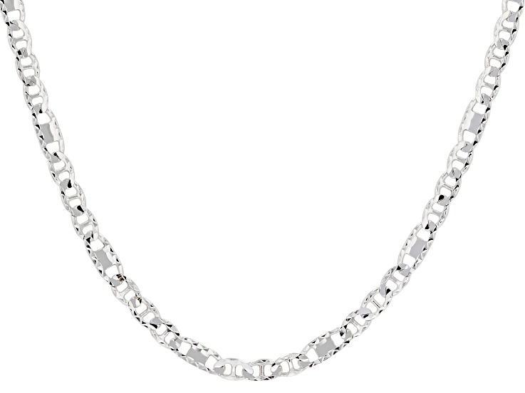 Rhodium Over Sterling Silver 3.2mm Diamond Cut Mariner Station 22 Inch Chain