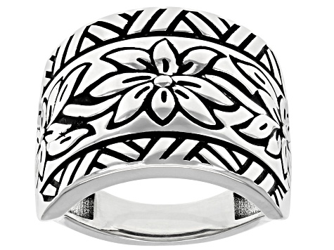 Rhodium Over Sterling Silver Oxidized Flower Design Dome Ring