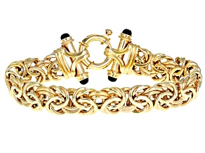 18K Yellow Gold Over Sterling Silver Black Onyx  12MM Byzantine 8 Inch Bracelet
