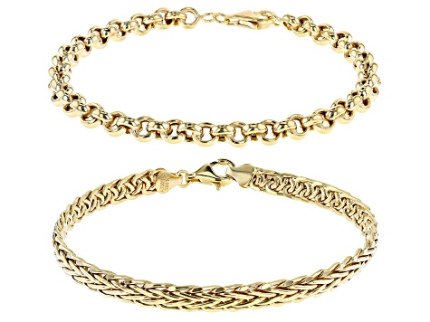 18K Yellow Gold Over Sterling Silver 5MM Set of 2 Rolo and Wheat Link Bracelets