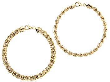 Picture of 18K Yellow Gold Over Sterling Silver Set of 2 Byzantine and Rope Link Bracelets