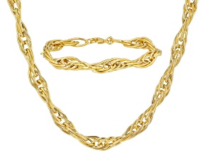 18K Yellow Gold Over Sterling Silver 8MM Oval Twisted Chain and Bracelet Set
