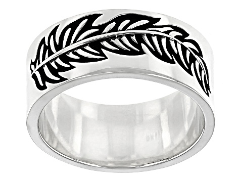 Rhodium Over Sterling Silver Oxidized Leaf Band Ring