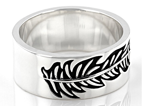 Rhodium Over Sterling Silver Oxidized Leaf Band Ring