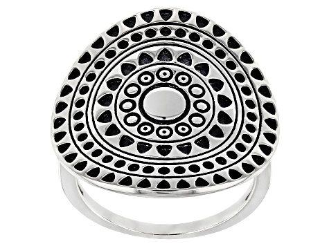Rhodium Over Sterling Silver Oxidized Geometric Oval Ring