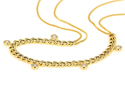 18K Yellow Gold Over Sterling Silver with White Cubic Zirconia Curb Necklace