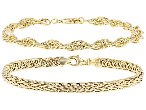 18K Yellow Gold Over Sterling Silver 5MM Singapore and Wheat Link Bracelets Set of 2