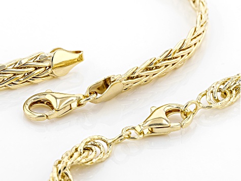 18K Yellow Gold Over Sterling Silver 5MM Singapore and Wheat Link Bracelets Set of 2