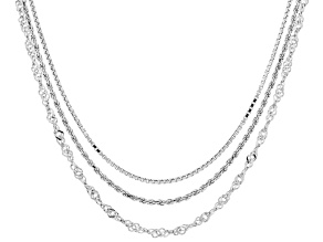 Sterling Silver Set of 3 1.4MM Faceted Rope, 2MM Singapore, and 1MM Diamond-Cut Box Chains
