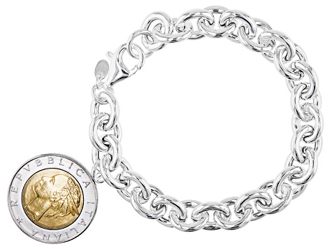 Sterling Silver Rolo Link Bracelet With Lire Coin Charm