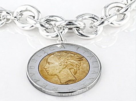 Sterling Silver Rolo Link Bracelet With Lire Coin Charm