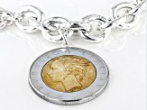 Sterling Silver Rolo Link Bracelet With Lire Coin Charm