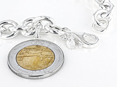Sterling Silver Rolo Link Bracelet With Lire Coin Charm