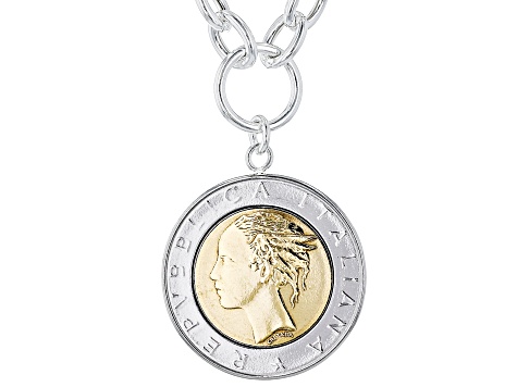 Sterling Silver Rolo Link Necklace With Lire Coin Pendant