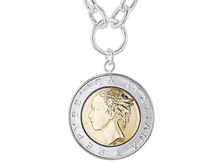 Sterling Silver Rolo Link Necklace With Lire Coin Pendant - AG726