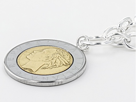 Sterling Silver Rolo Link Necklace With Lire Coin Pendant