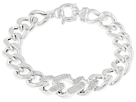 Sterling Silver With Cubic Zirconia 12mm Flattened Curb Link Bracelet