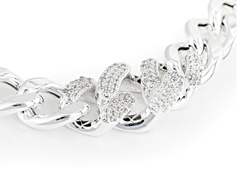 Sterling Silver With Cubic Zirconia 12mm Flattened Curb Link Bracelet