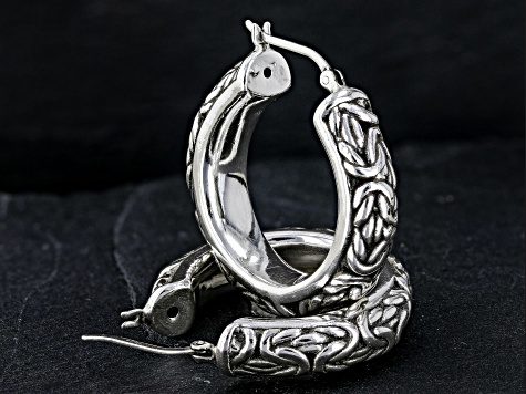 Oxidized Sterling Silver 6.8mm Byzantine Design Hoop Earrings