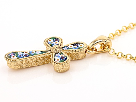 18k Yellow Gold Over Sterling Silver Mosaico Cross Pendant With Rolo Chain